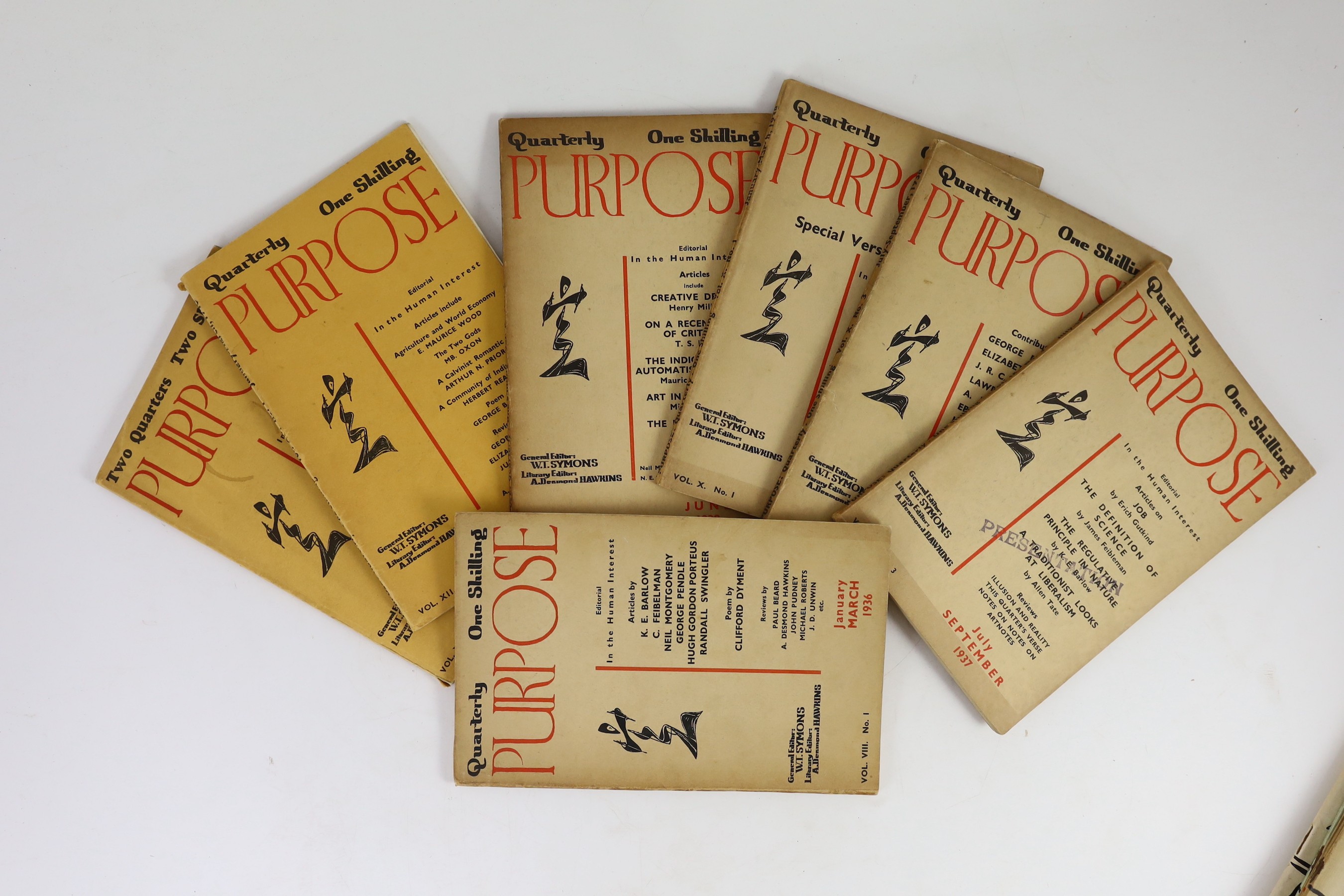 20th century Poetry and Prose - Symons, W.T - Purpose: A Quarterly Magazine - 7 issues, January/March 1936; July/September 1937; January/March, April/June & July/September 1938 and January/March and July/December 1940, T